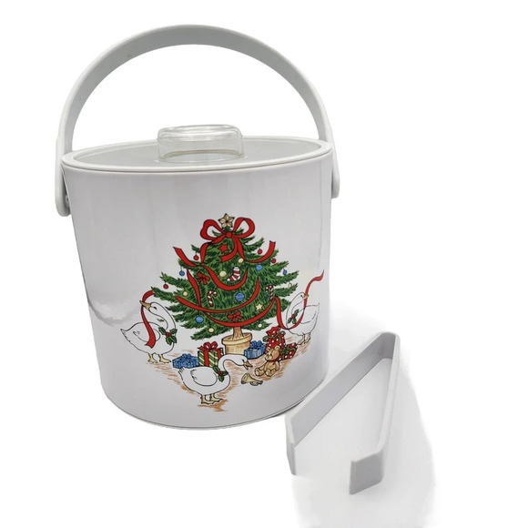 Vintage Pheonix Christmas Tree 3.5 Quart Covered Ice bucket with Tongs & Box HTF - Picture 4 of 13